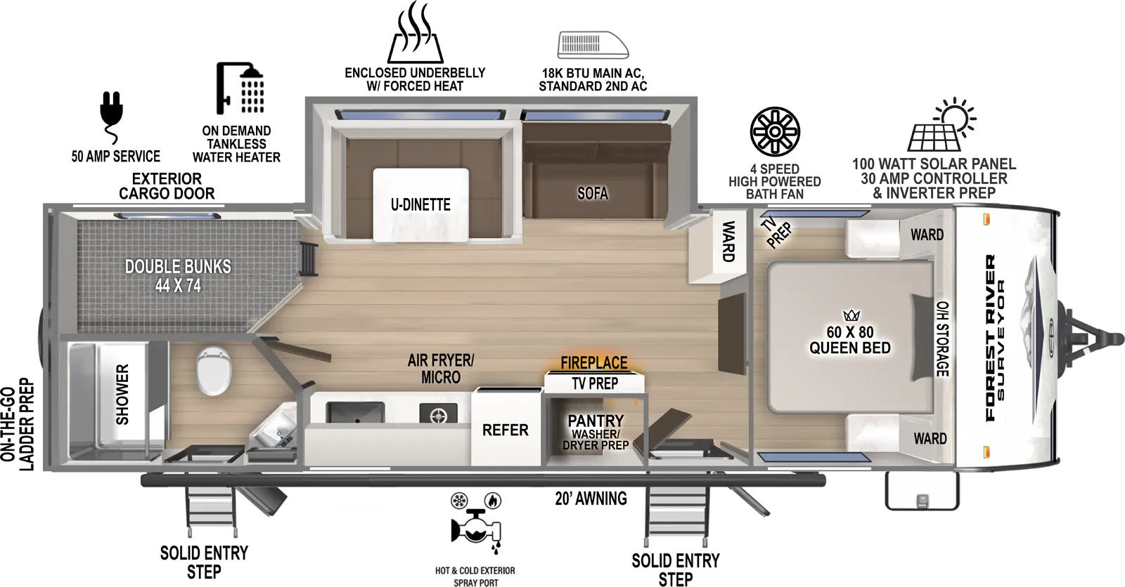 The Surveyor Camp Series 27CAMP floorplan has two entries and one slide out. Exterior features include: fiberglass exterior and 19' awning. Interiors features include: bunk beds, u-dinette and front bedroom.